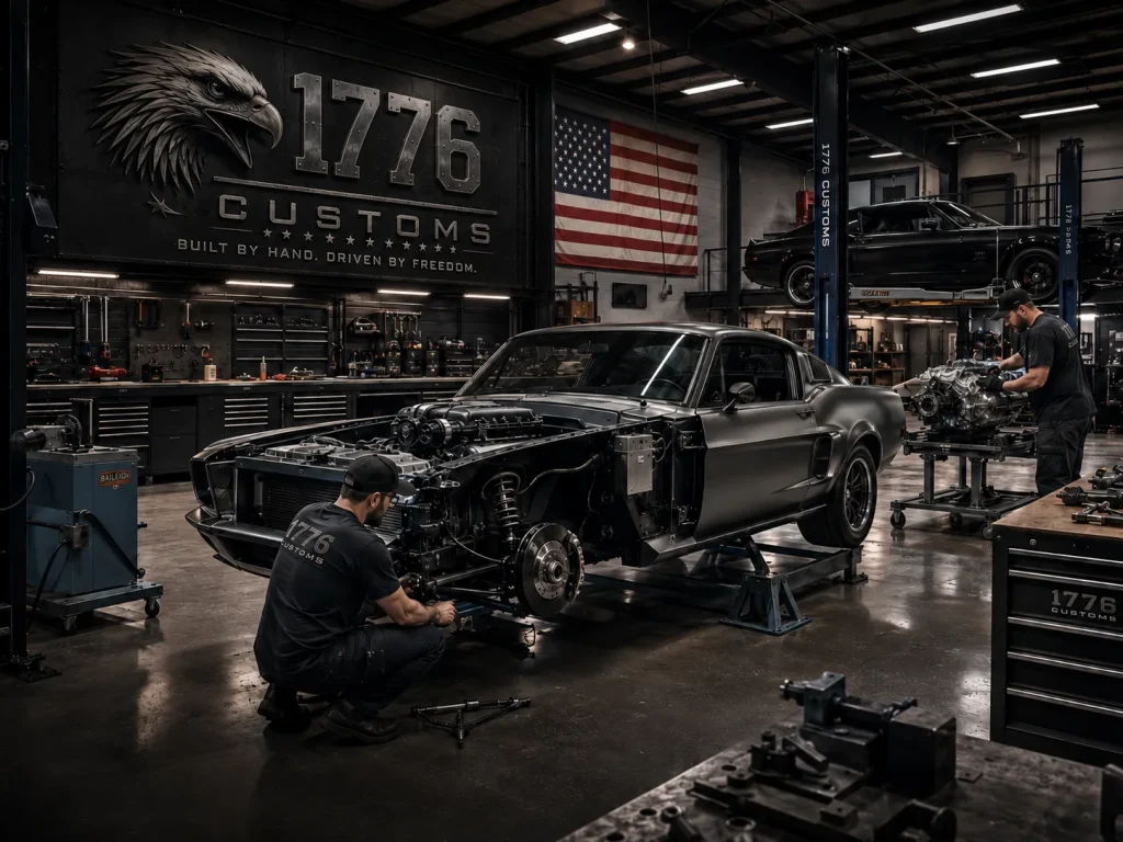 Custom automotive mechanics building a classic Ford Mustang restomod in the 1776 Customs garage featuring an American flag and industrial branding.