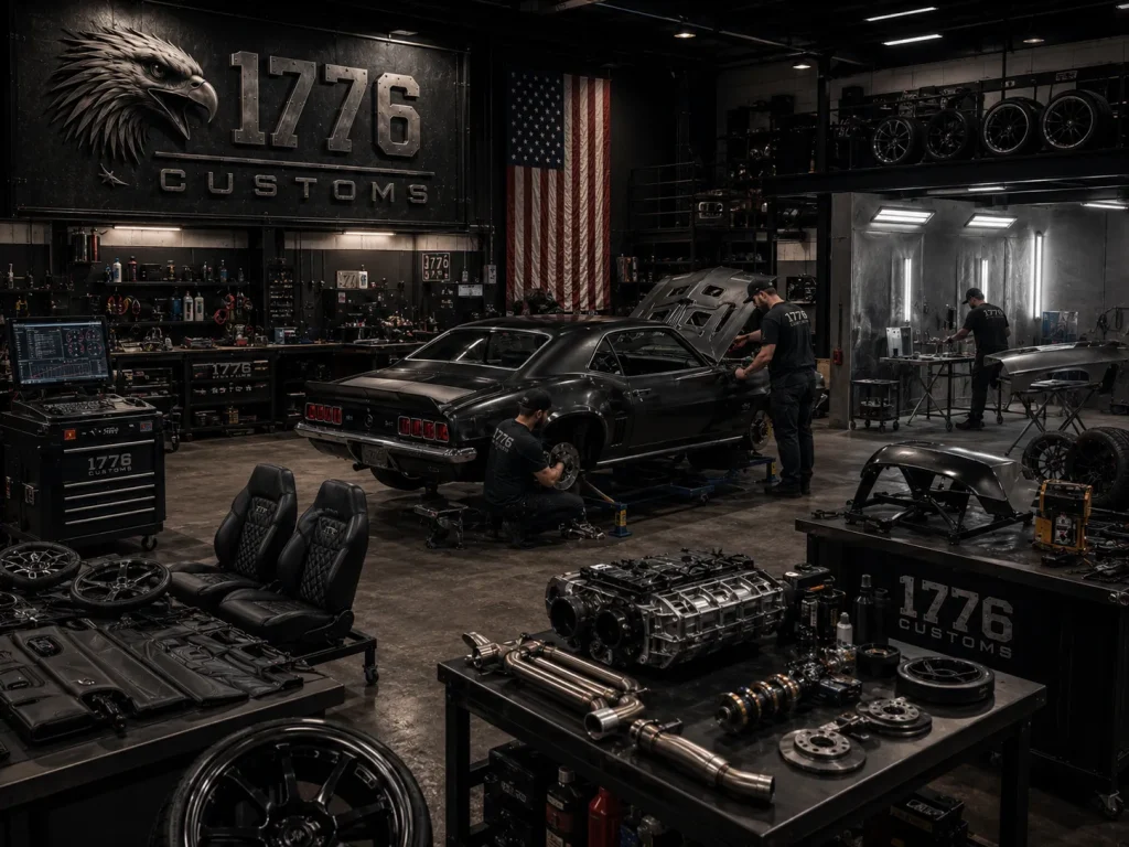 Custom automotive technicians performing performance tuning and modifications on a classic Camaro restomod at 1776 Customs.