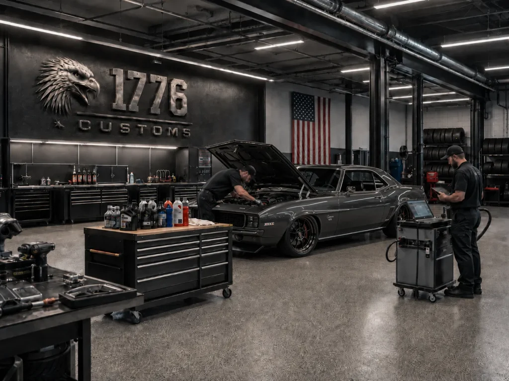 Automotive technicians performing expert maintenance, engine service, and electronic diagnostics on a classic Chevy Camaro SS at 1776 Customs.