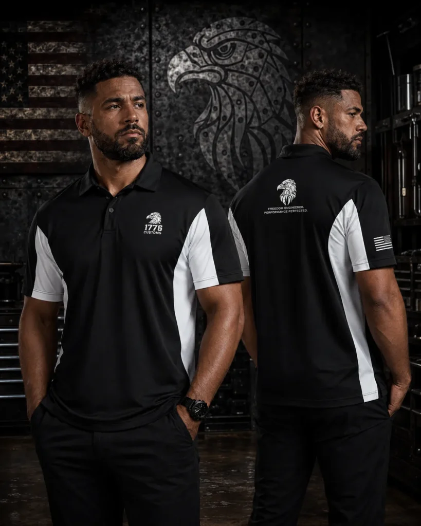 Male model displaying the front and back of the 1776 Customs black athletic polo shirt with bright white contrast side panels, embroidered eagle chest logo, sleeve US flag patch, and back print.