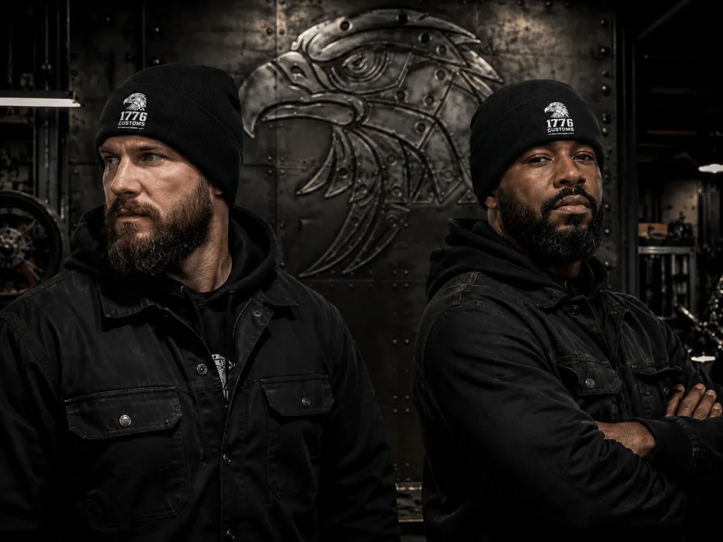 Two men wearing black 1776 Customs knit beanies with embroidered eagle logos in an industrial shop.