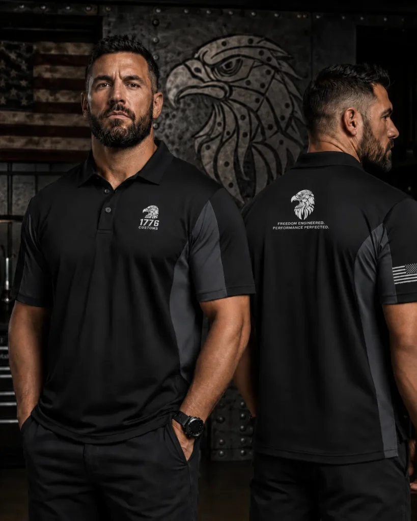 Male model showcasing the front and back of a 1776 Customs black performance polo shirt featuring dark grey side-blocker panels, a white eagle chest logo, a sleeve US flag emblem, and slogan text across the back shoulders.
