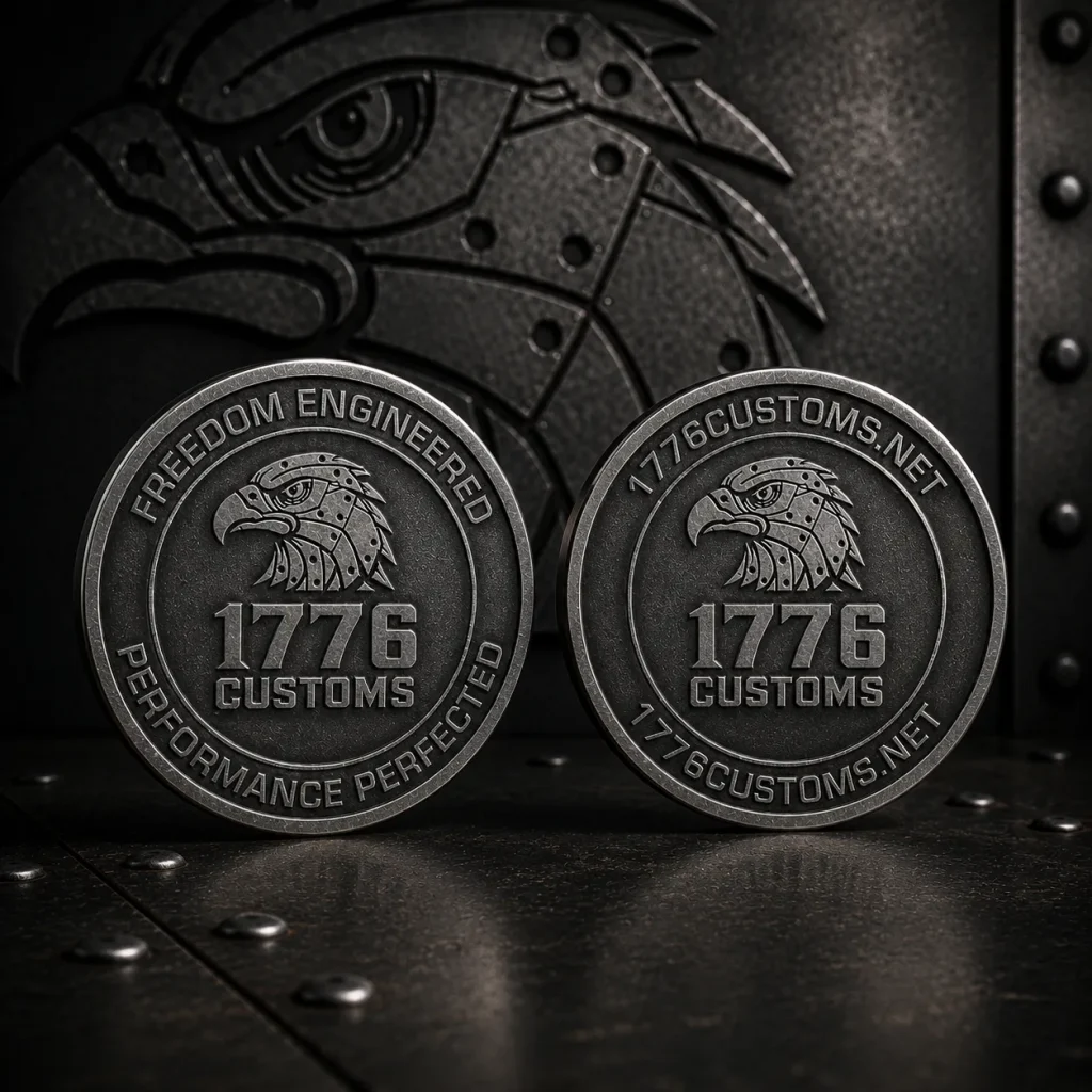 Front and back view of a custom antique silver 1776 Customs challenge coin featuring an embossed eagle emblem.