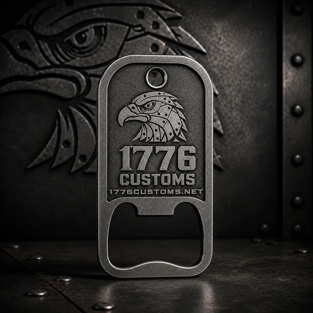 Heavy-duty metal 1776 Customs dog tag bottle opener key chain with an embossed mechanical eagle logo.