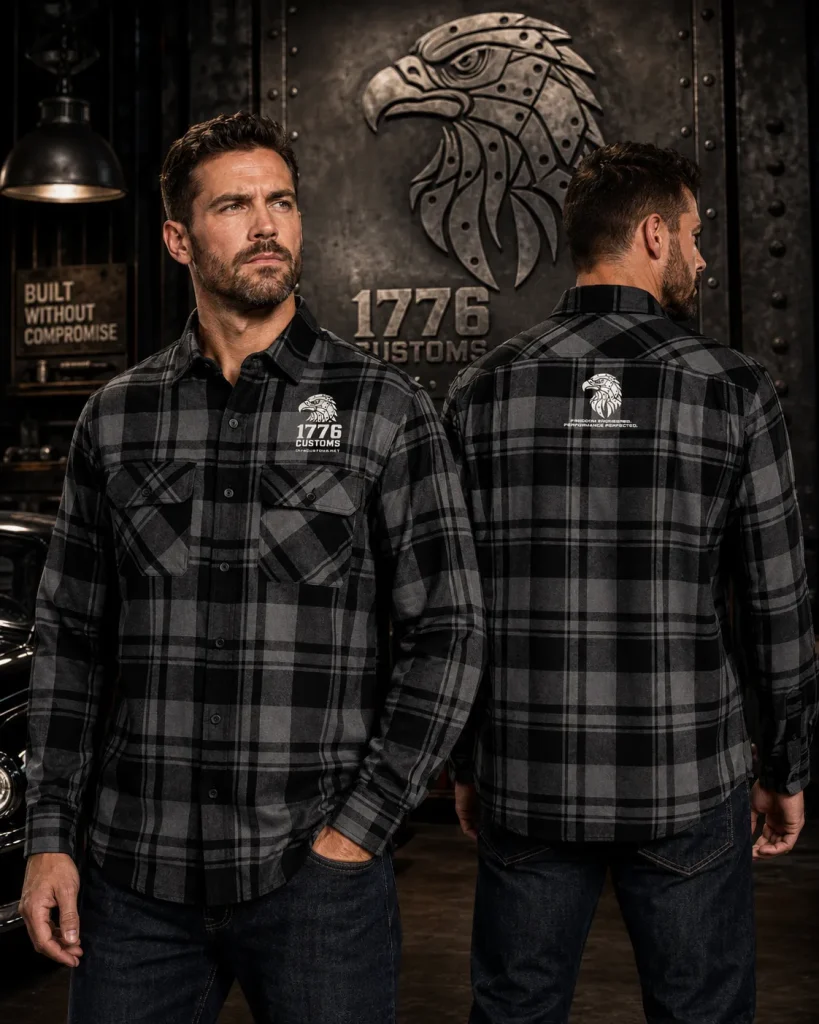 1776 Customs black and charcoal grey plaid long-sleeve button-up flannel shirt featuring embroidered chest and back eagle logos.