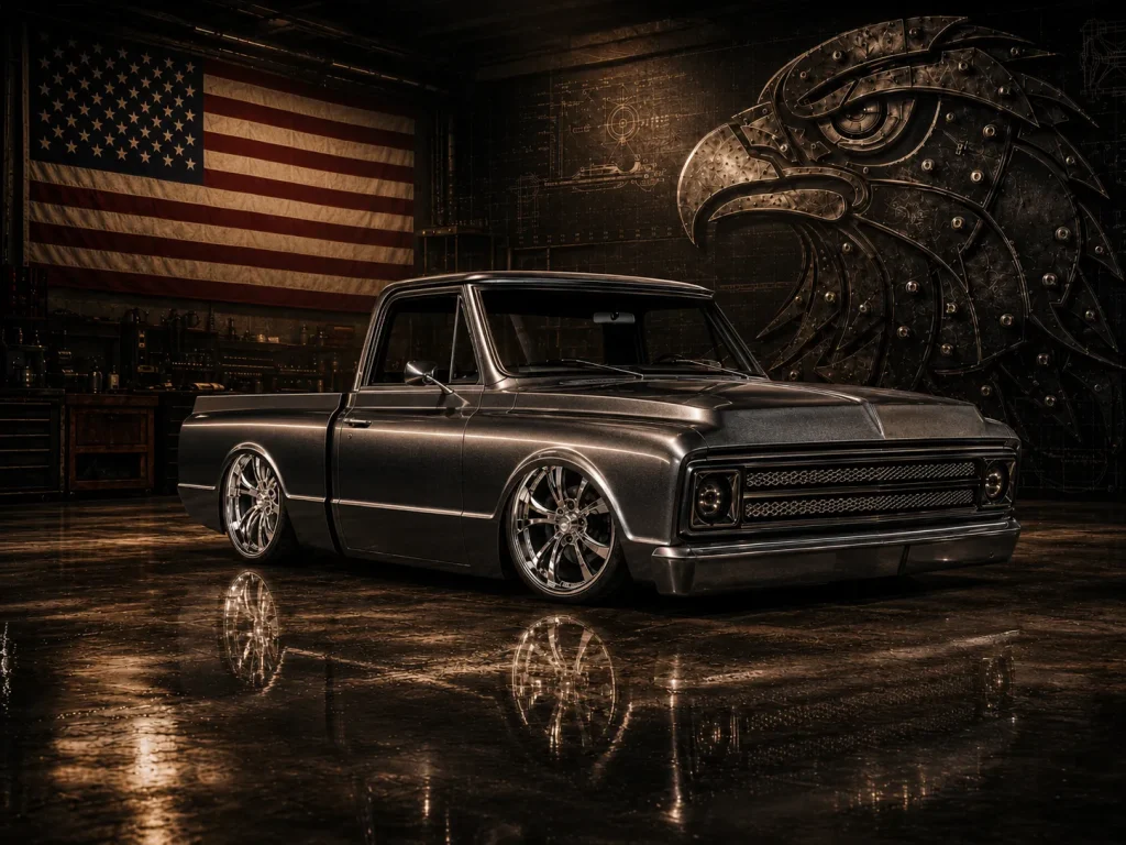 Custom metallic dark grey classic pickup truck parked inside a garage featuring a large American flag and a sculpted metal bald eagle head on the wall.
