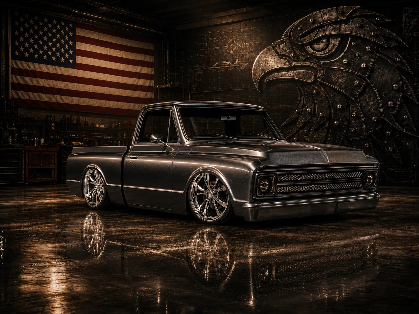 Custom metallic dark grey classic pickup truck parked inside a garage featuring a large American flag and a sculpted metal bald eagle head on the wall.