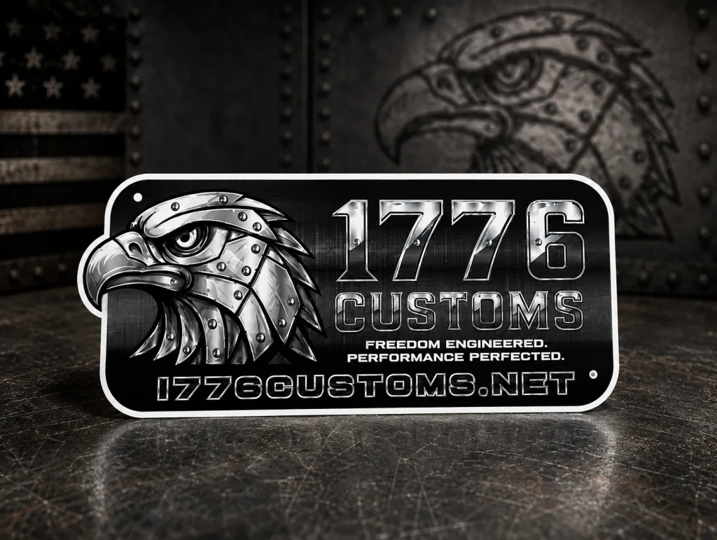 Rectangular 1776 Customs full-color horizontal vinyl sticker resting on a dark metallic surface, featuring a mechanical chrome eagle logo, 1776 Customs text, "Freedom Engineered. Performance Perfected." tagline, and website URL.