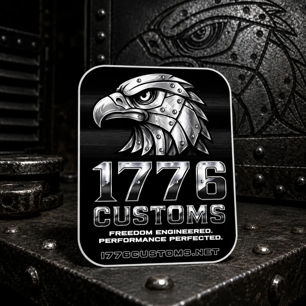 Vertical 1776 Customs die-cut vinyl sticker displaying the white mechanical eagle head emblem, 1776 Customs block text, and website domain name.