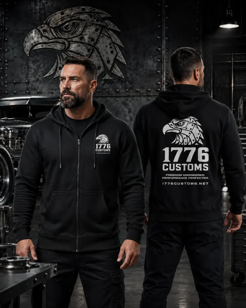 Front and back view of a man wearing a black 1776 Customs full-zip hoodie in a custom auto shop.
