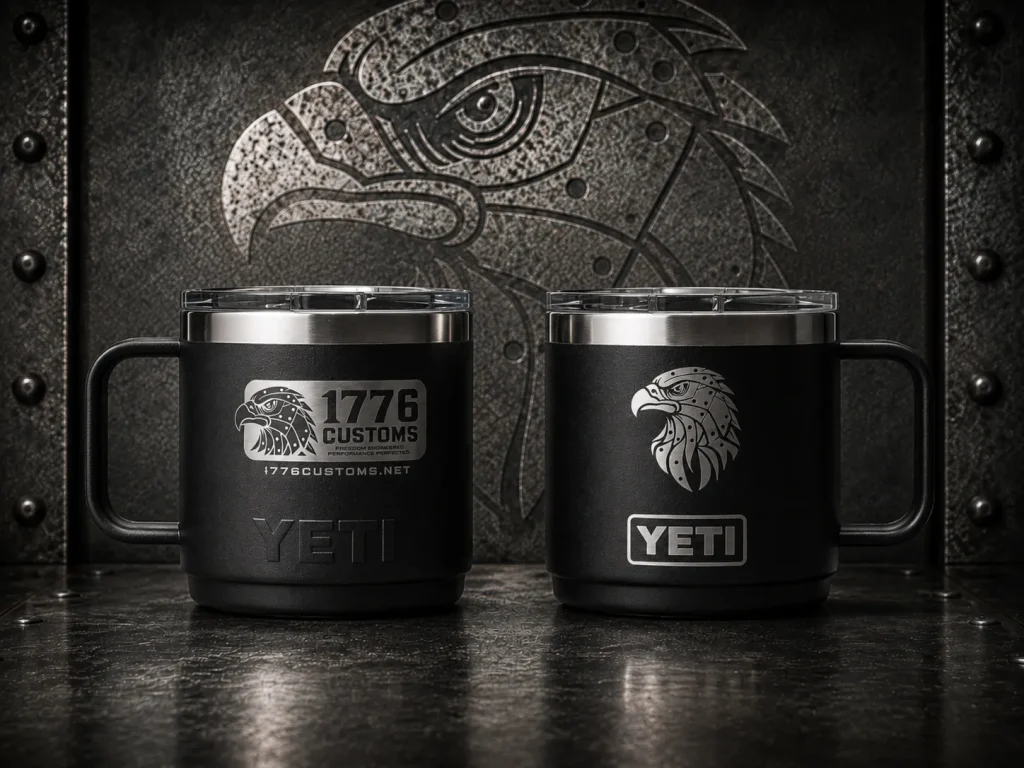 1776 Customs custom laser-etched black YETI Rambler 14 oz camp mug with handle featuring mechanical eagle logo and slogan.