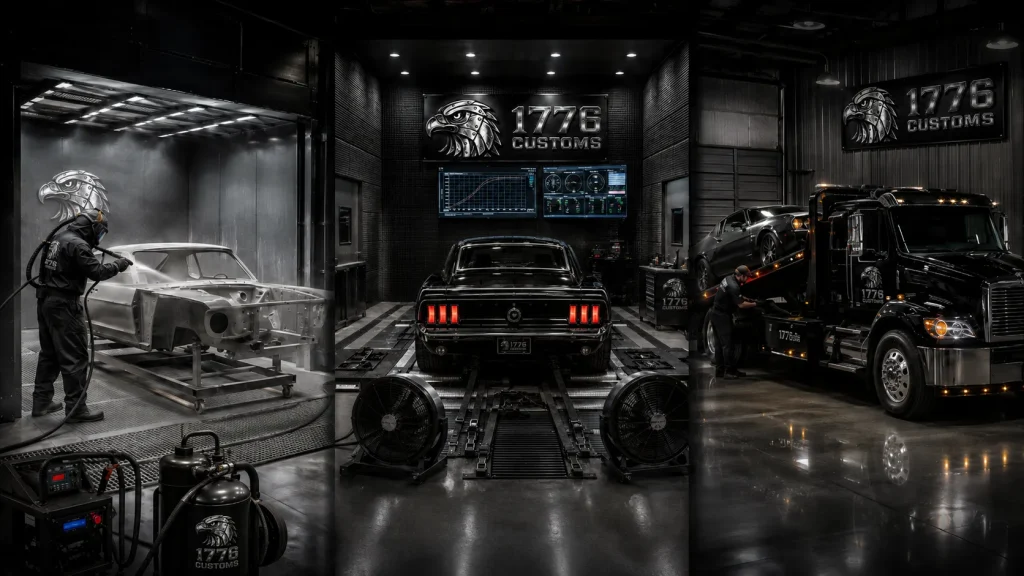 Specialized automotive services collage at 1776 Customs featuring media blasting, chassis dyno tuning, and flatbed vehicle transport.