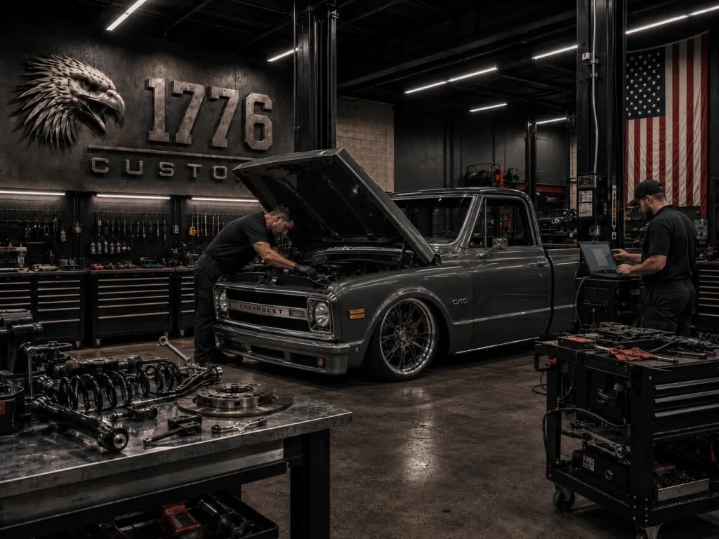 Professional automotive mechanics performing engine repair and suspension work on a classic Chevy C10 pickup truck at 1776 Customs.