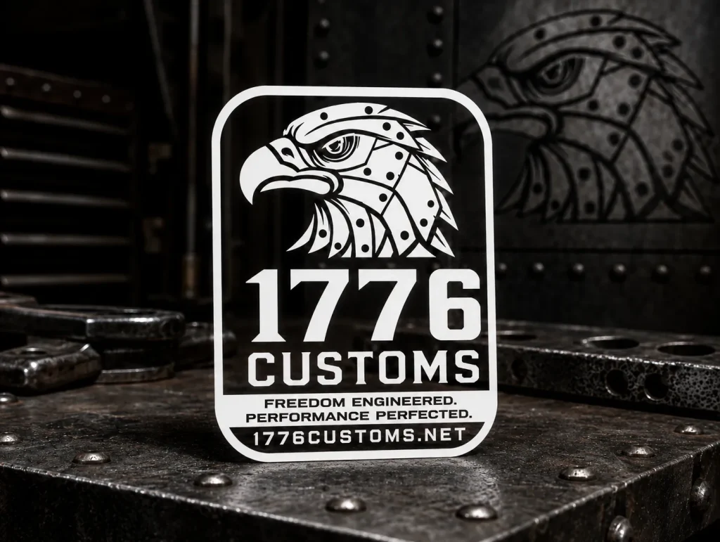 Vertical 1776 Customs die-cut vinyl sticker displaying the white mechanical eagle head emblem, 1776 Customs block text, and website domain name.