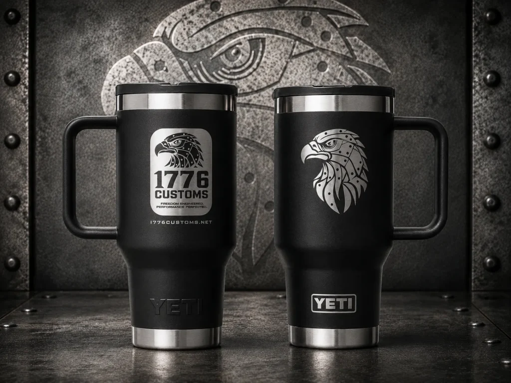 1776 Customs custom laser-engraved black YETI Rambler travel mug with handle featuring mechanical eagle emblem and slogan.