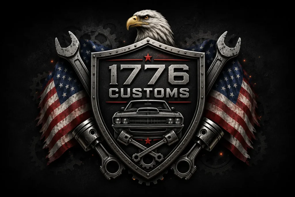 Patriotic 1776 Customs logo featuring a bald eagle, classic muscle car emblem, wrenches, pistons, and American flags.